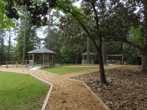 Photo of the gazebos, with wooden pathways